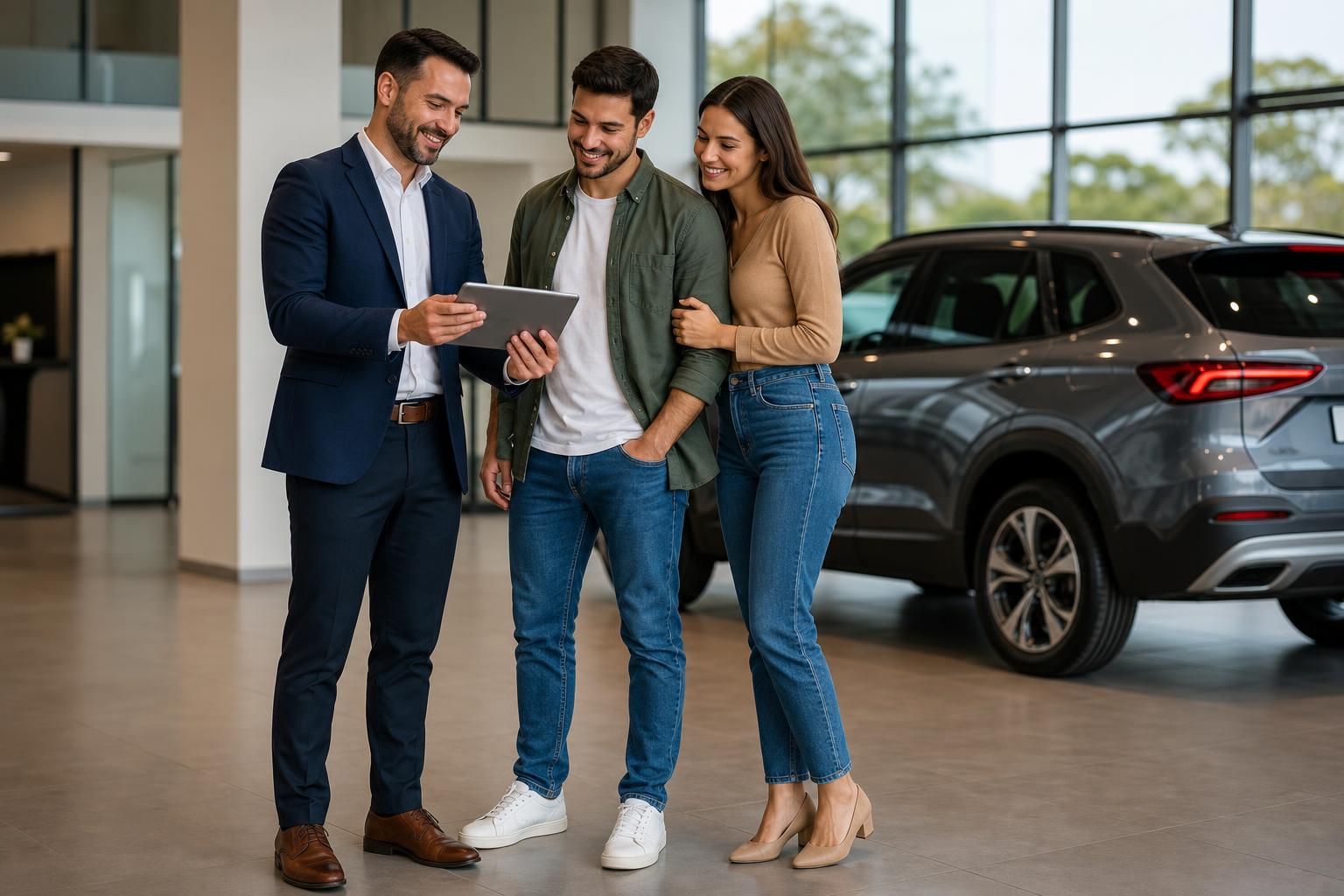 Vendedor apresentando o CRM ItCar a um casal cliente em uma revenda de veículos