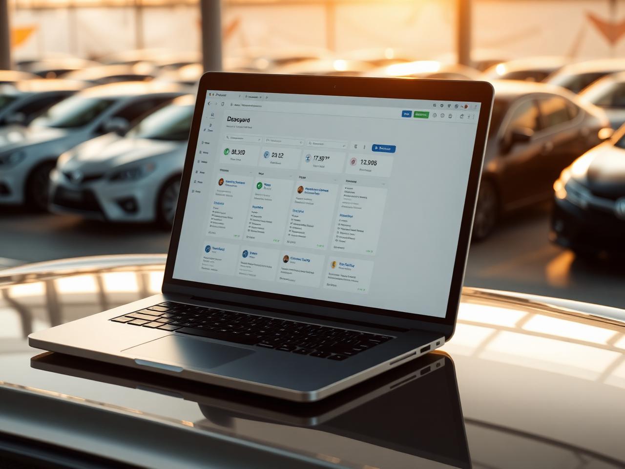 Notebook sobre o capô de um carro mostrando o integrador de anúncios do ItCar para revendas